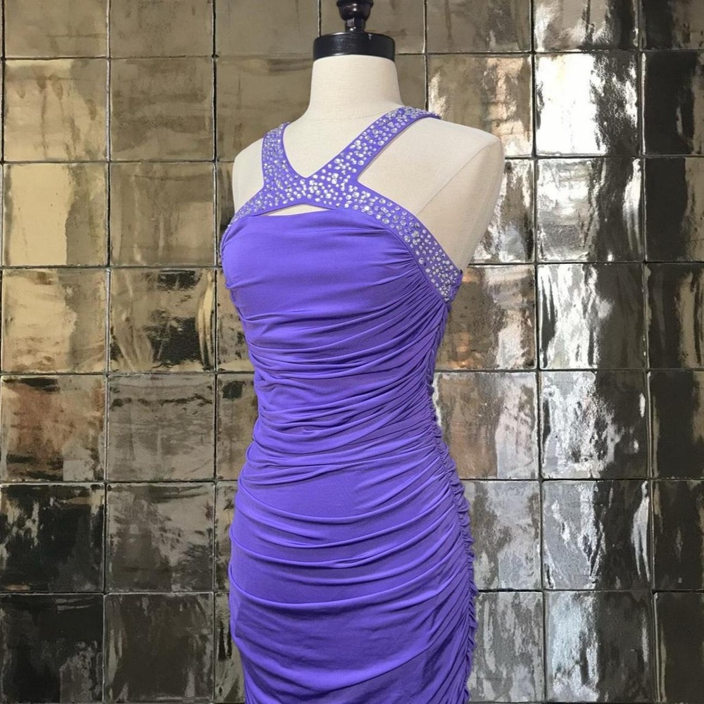 Purple Rhinestone Ruched Bodycon Dress - Picture 2 of 5